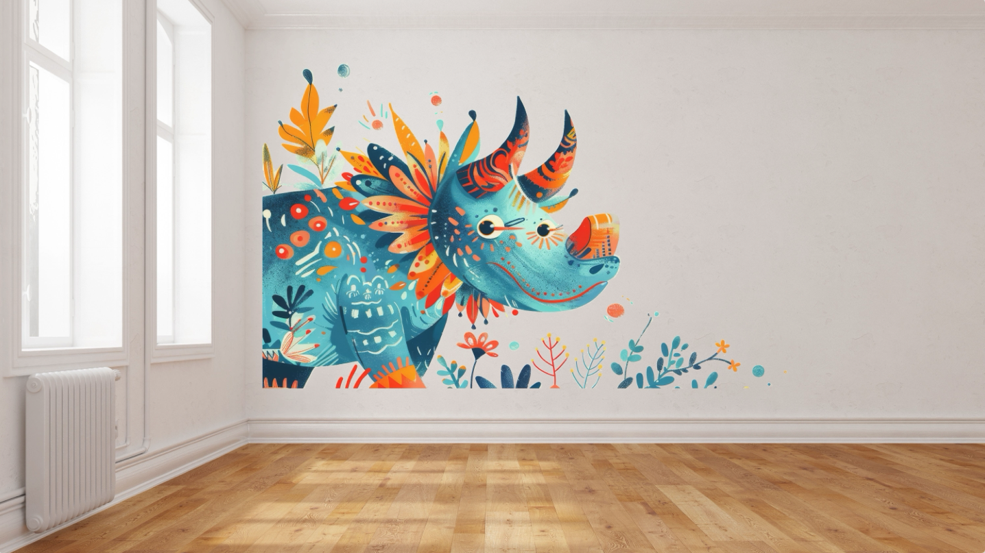 Nachher - Kinderzimmer Dinosaurier-Motiv Wanddruck Kinderzimmer Dinosaurier bunt Babyzimmer Wandgestaltung Schweiz